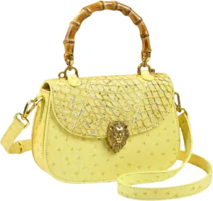 Genuine Ostrich Leather Purse for Women – Stylish Bamboo Top-handle Satchel Handbag, Portable Small Saddle Bag Shoulder