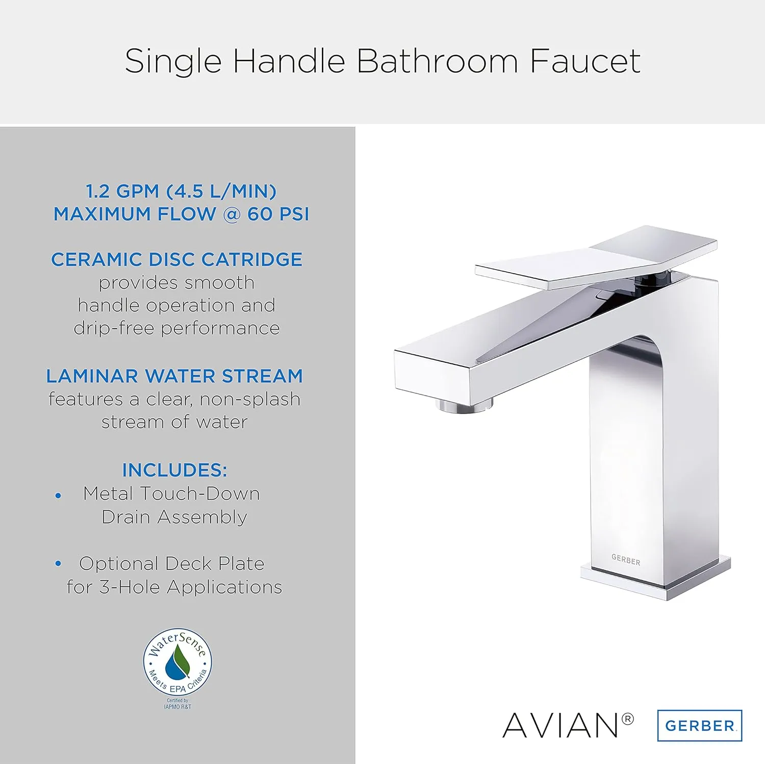 Gerber Avian Single Handle Bathroom Faucet with Metal Touch Down Drain, Chrome