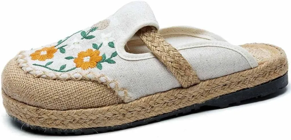 GHYUB Cotton China Shoes ，Embroidered Shoes Women's Chinese Floral Embroidery Slippers Casual Shoes，Canvas Linen Slipper (Color : White, Size : EUR39/40)