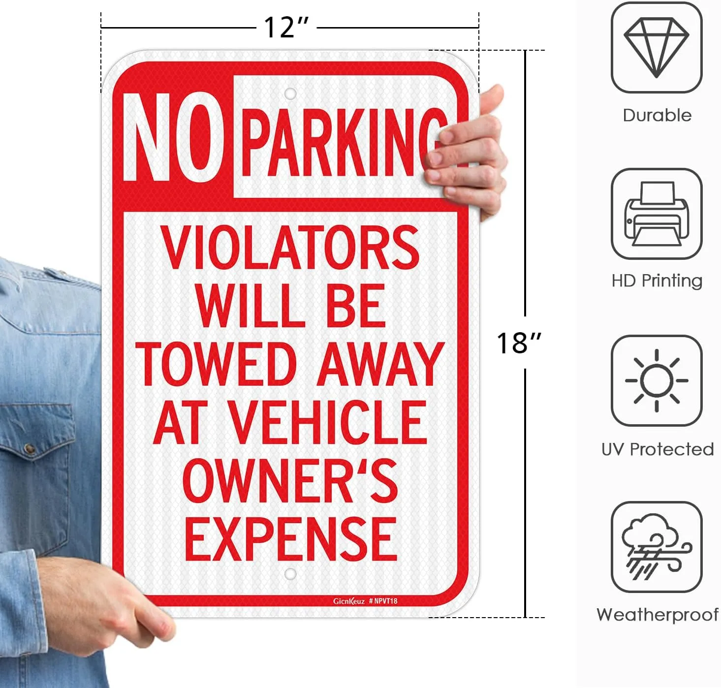 GicnKeuz Large No Parking Signs,18x12 Inches Violators Will Be Towed Away at Vehicle Owner's Expense Signs, Engineer Grade Reflective Aluminum, Fade Resistant,Indoor or Outdoor Use (2-Pack)
