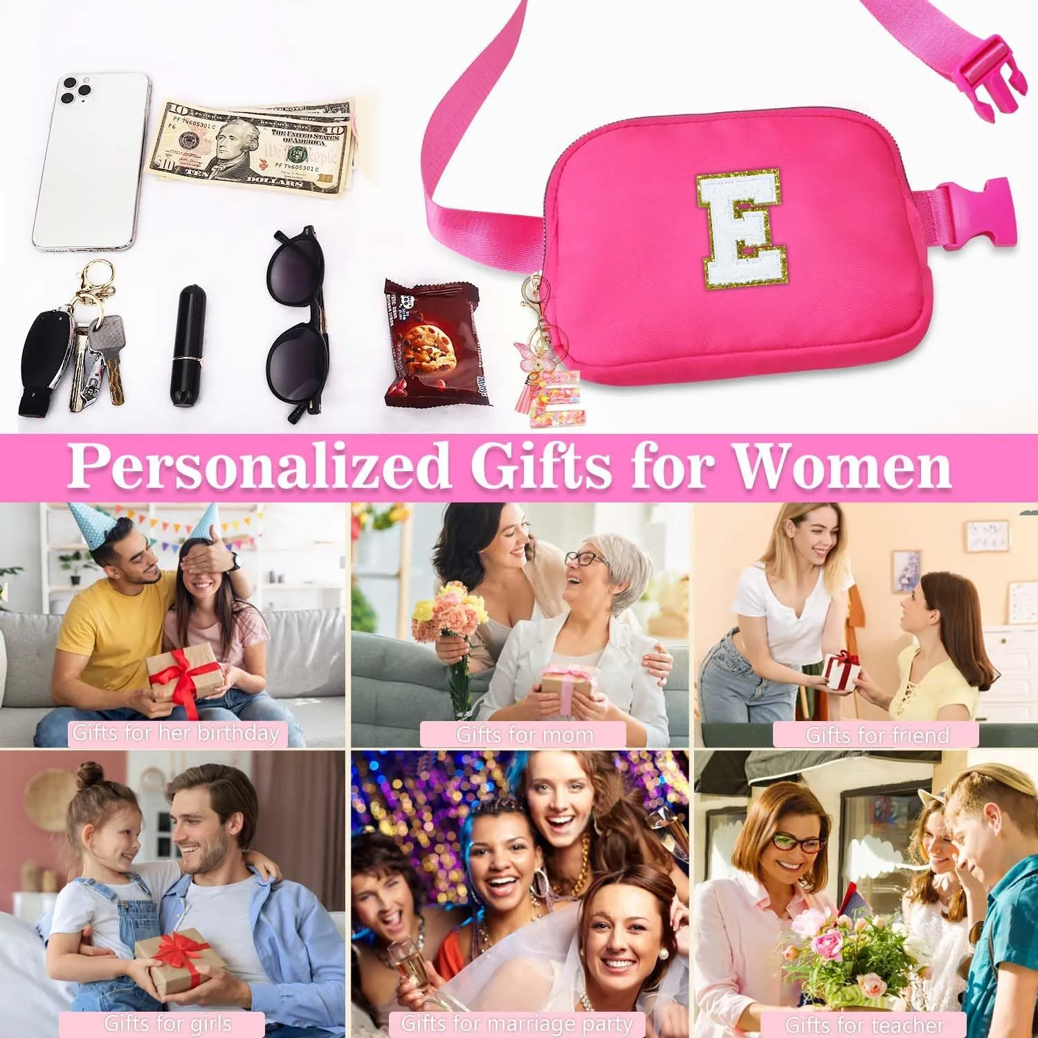 Gifts Girls Teens Kids - Birthday Gifts for Women, Personalized Gifts for Mom Freind Sister Teacher, Graduation Gifts for Her, Initial Crossbody Bag Belt Bag for Women Rose Red S