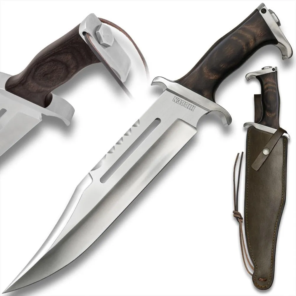 Gil Hibben Full Size Hibben III Bowie Knife | 1988 Rambo Reproduction | Leather Sheath Included | 7Cr13 Stainless Steel Blade | Wooden Handle | Overall Length 17.75"