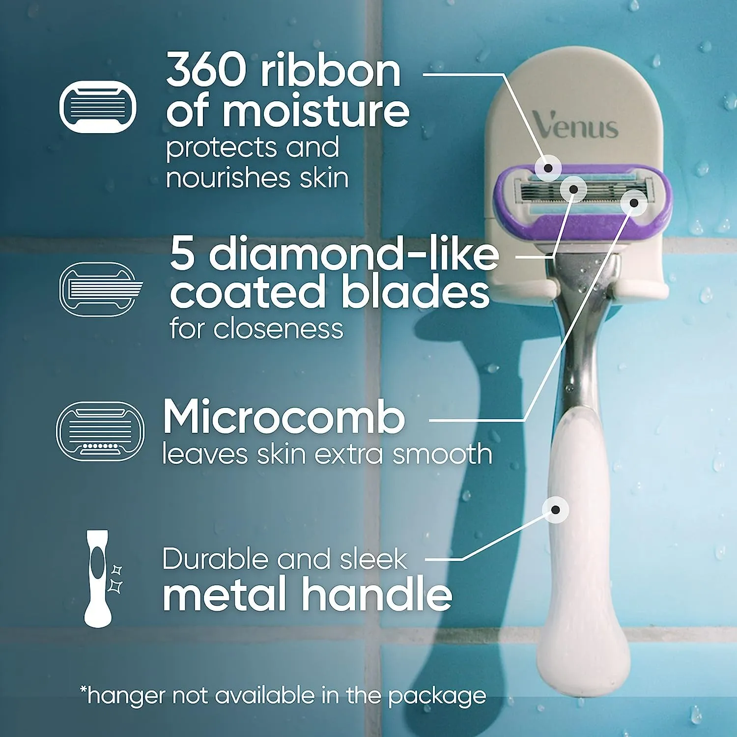 Gillette Venus Deluxe Smooth Platinum Razors for Women, 1 Venus Razor, 2 Razor Blade Refills, Metal Handle with Anti-Slip Grip
