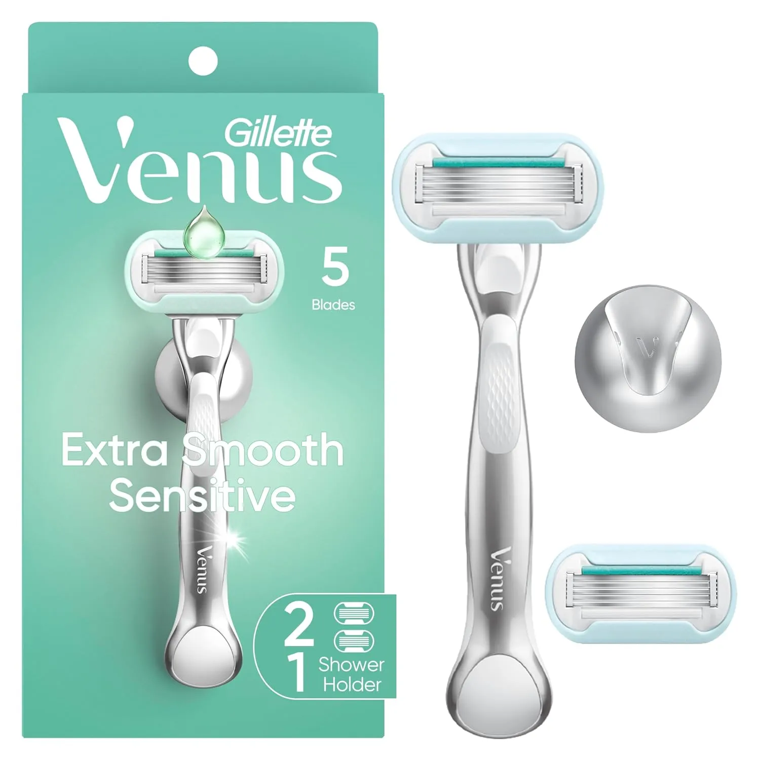 Gillette Venus Extra Smooth Sensitive Razor for Women, Includes 1 Reusable Razor Handle   2 Refills, for Sensitive Skin with Metal Handle and Shower Holder