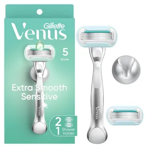 Gillette Venus Extra Smooth Sensitive Razor for Women, Includes 1 Reusable Razor Handle   2 Refills, for Sensitive Skin with Metal Handle and Shower Holder