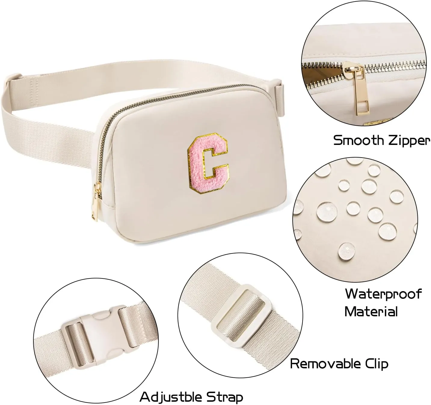 Gitus Belt Bag Fanny Pack Crossbody Bags with Initial Letter Patch Cute Stuff Birthday Gifts for Teenager Girls Cool Stuff for Teens Trendy Preppy Stuff for Teen Girls (Beige-C)