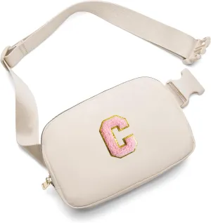 Gitus Belt Bag Fanny Pack Crossbody Bags with Initial Letter Patch Cute Stuff Birthday Gifts for Teenager Girls Cool Stuff for Teens Trendy Preppy Stuff for Teen Girls (Beige-C)