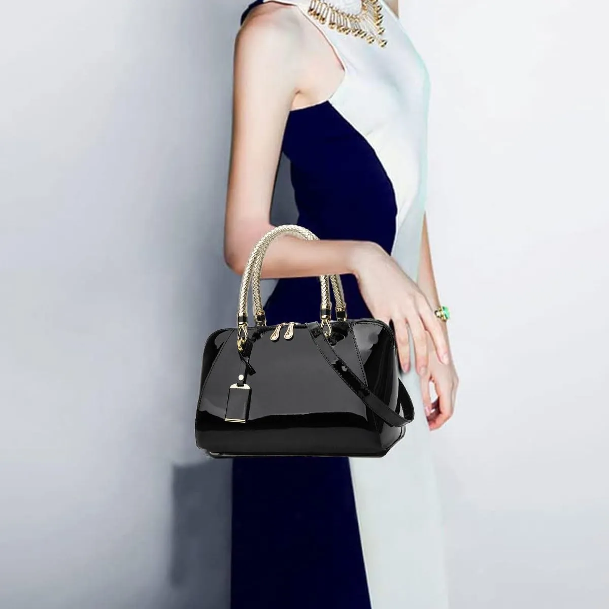 Glossy Women Handbag Patent Leather Large Size Top-Handle Bag Shiny Shoulder Bag Tote Evening Purse Party Satchel