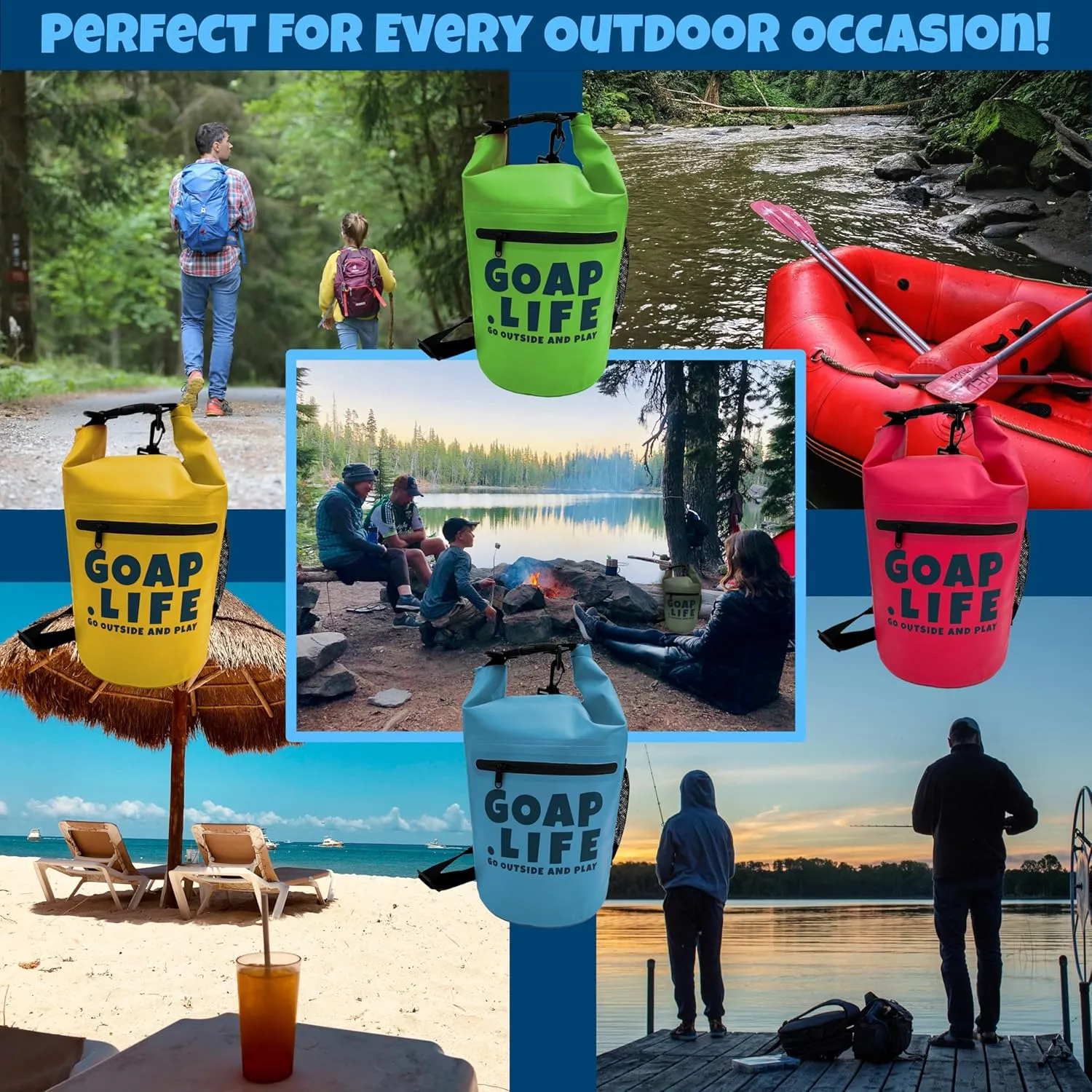 GOAP 10L Waterproof Dry Bag for Beach, Fishing, Camping, and Hiking - Rolltop Design with Crossbody Strap, Water Bottle Pocket, and Zipper Pocket