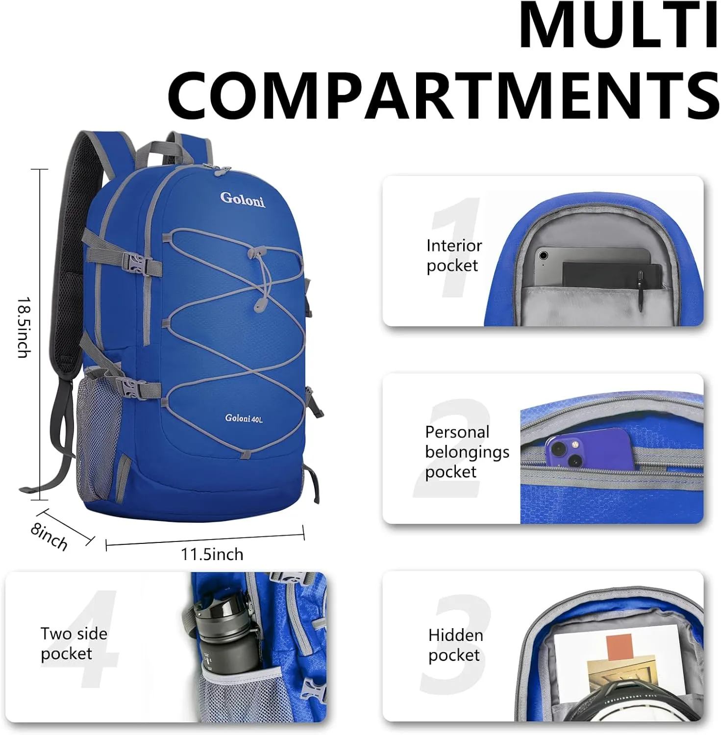 Goloni Lightweight Hiking Backpack Bag - 40L Traveling Camping Backpack Outdoor Day Pack with Reflective Webbing and Waterproof Pocket
