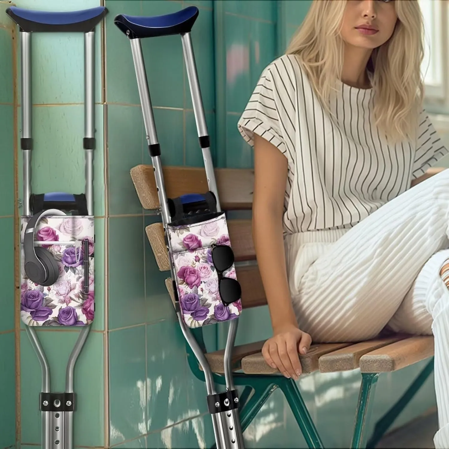 Gomyblomy Roses Crutch Storage Bag Lightweight Crutch Accessories for Adults Women Storage Pouch with Pockets and Drink Holder, Universal Crutch Accessories Bag