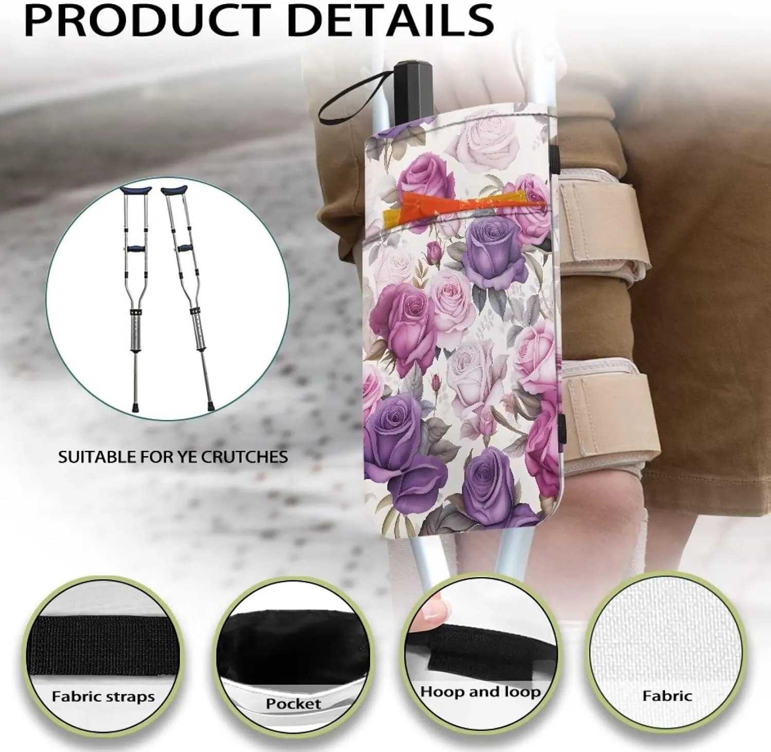 Gomyblomy Roses Crutch Storage Bag Lightweight Crutch Accessories for Adults Women Storage Pouch with Pockets and Drink Holder, Universal Crutch Accessories Bag