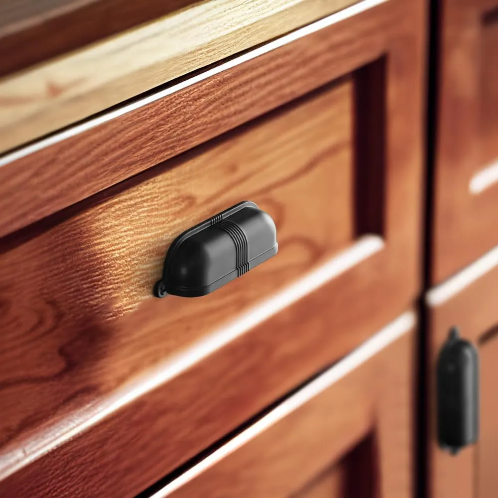 Goo-Ki 6 Pack 3 Inch Matte Black Cup Pulls with Textured Strap Design, Elegant Modern Bin Handles for Kitchen & Furniture