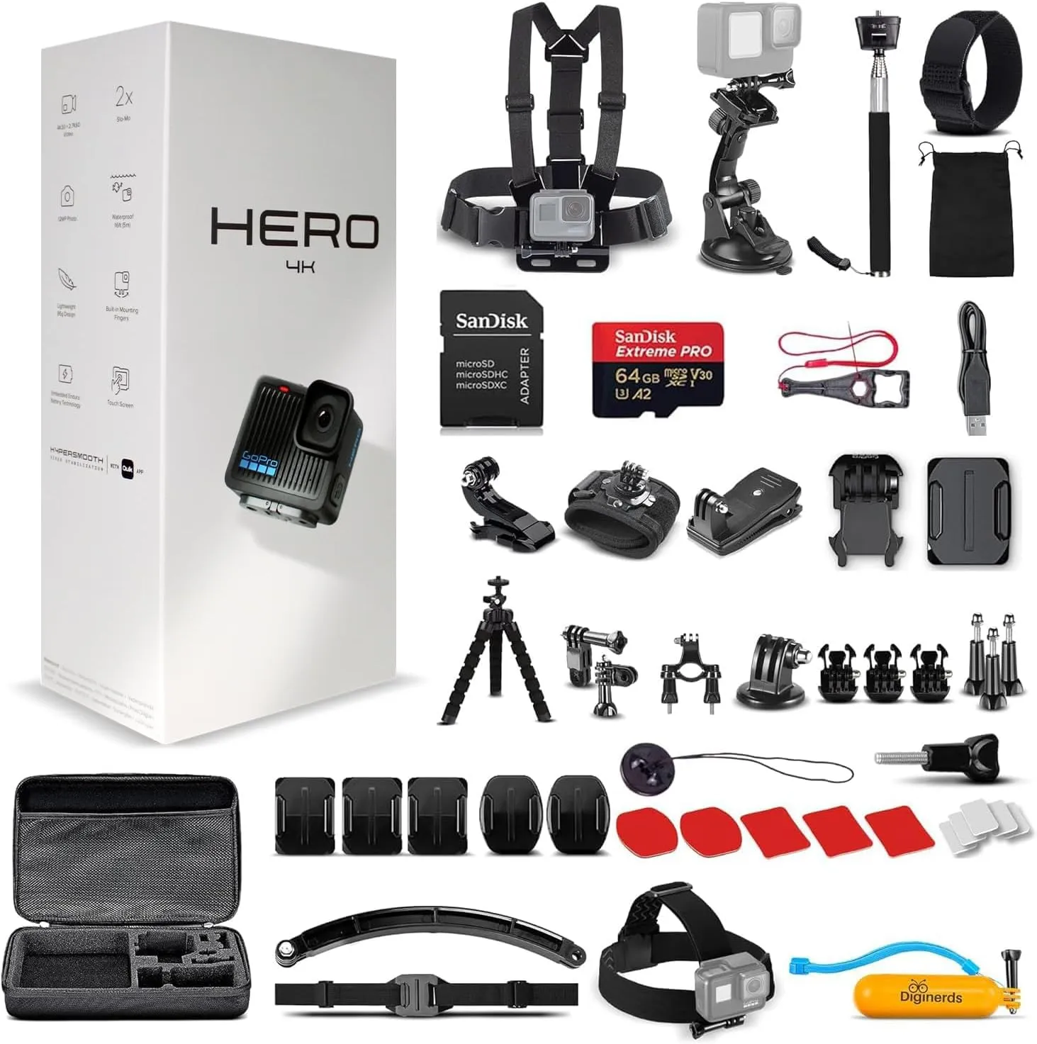 GoPro Hero (Go Pro Hero) Black Compact - Waterproof Action Camera with 4K Ultra HD Video, 12MP Photos, Stabilization   50-in-1 Accessory Kit   64GB Card   More