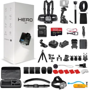 GoPro Hero (Go Pro Hero) Black Compact - Waterproof Action Camera with 4K Ultra HD Video, 12MP Photos, Stabilization   50-in-1 Accessory Kit   64GB Card   More