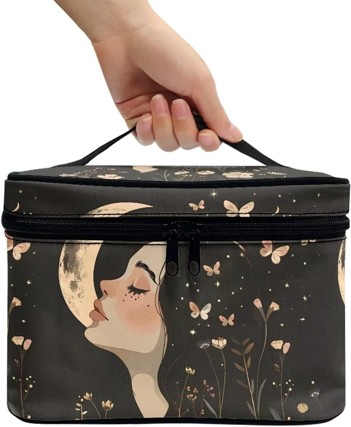 Goth Makeup Bag for Women Star and Moon cosmetic bag with handle on top Black Makeup Organizer Bag with Brush Storage Large Capacity Toiletry Bag for Women Aesthetic Skincare Bag Organizer