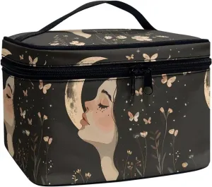 Goth Makeup Bag for Women Star and Moon cosmetic bag with handle on top Black Makeup Organizer Bag with Brush Storage Large Capacity Toiletry Bag for Women Aesthetic Skincare Bag Organizer