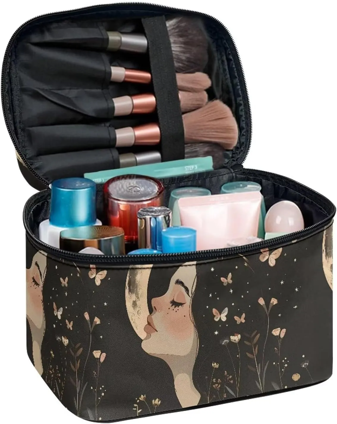 Goth Makeup Bag for Women Star and Moon cosmetic bag with handle on top Black Makeup Organizer Bag with Brush Storage Large Capacity Toiletry Bag for Women Aesthetic Skincare Bag Organizer