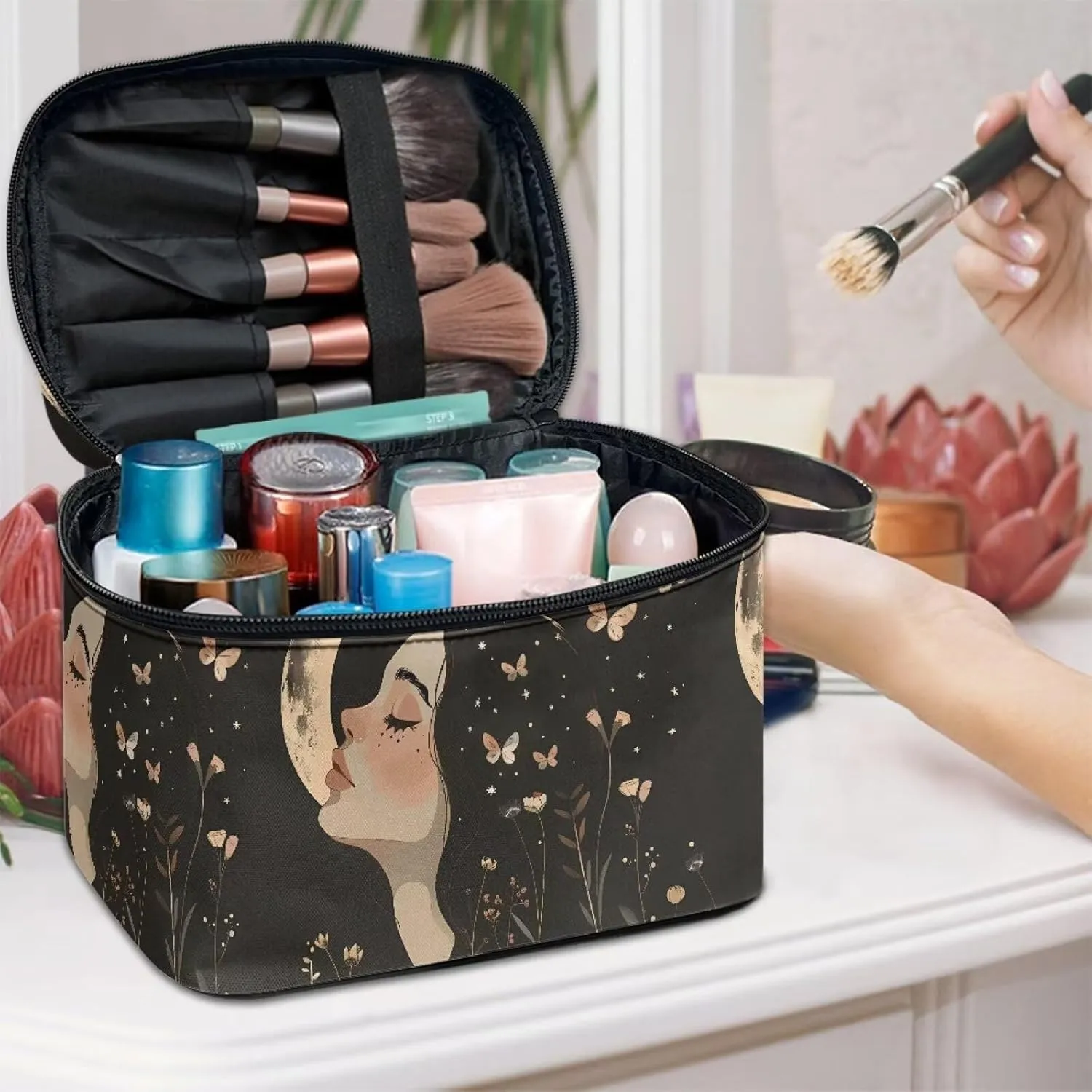 Goth Makeup Bag for Women Star and Moon cosmetic bag with handle on top Black Makeup Organizer Bag with Brush Storage Large Capacity Toiletry Bag for Women Aesthetic Skincare Bag Organizer