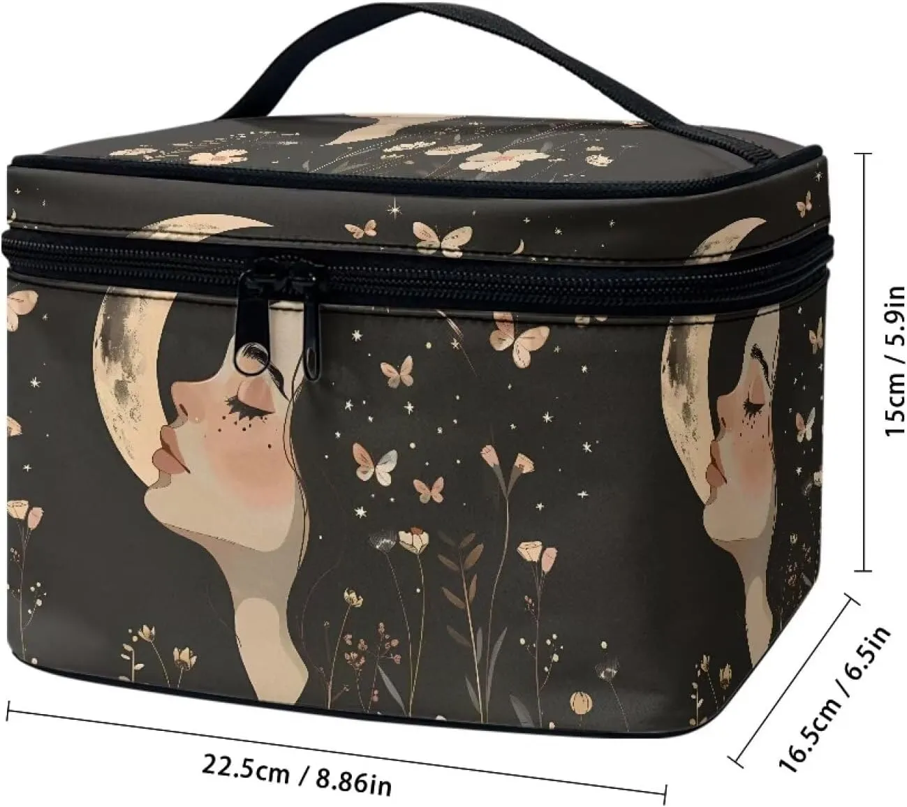 Goth Makeup Bag for Women Star and Moon cosmetic bag with handle on top Black Makeup Organizer Bag with Brush Storage Large Capacity Toiletry Bag for Women Aesthetic Skincare Bag Organizer