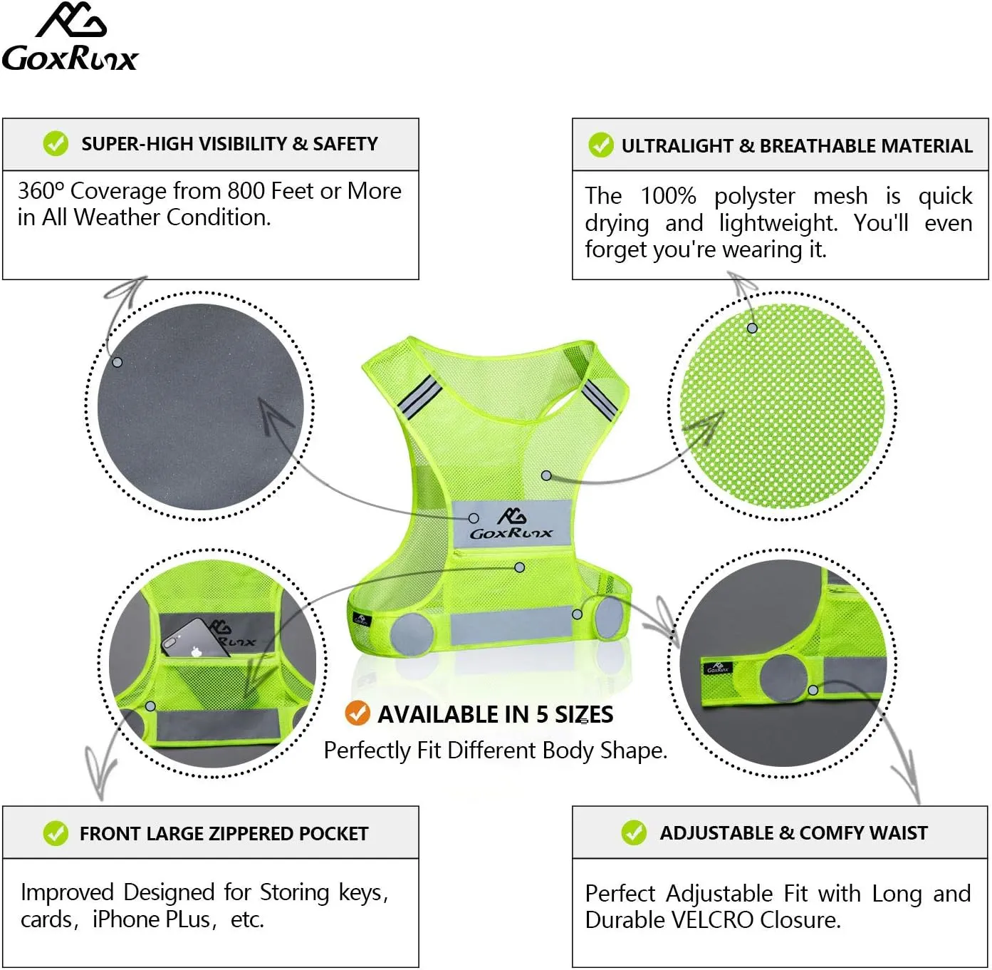 GoxRunx 2 Pack Reflective Vest Running Gear Ultralight Runner Safety Vest Armbands & Bag
