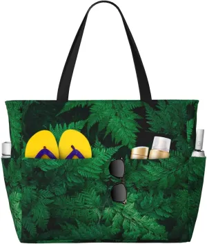 Green Leave Fern Large Beach Tote Bag for Women Extra Large Capacity Waterproof Sandproof Pool Bag Suitable for Gym Swimming Pool Travel Groceries
