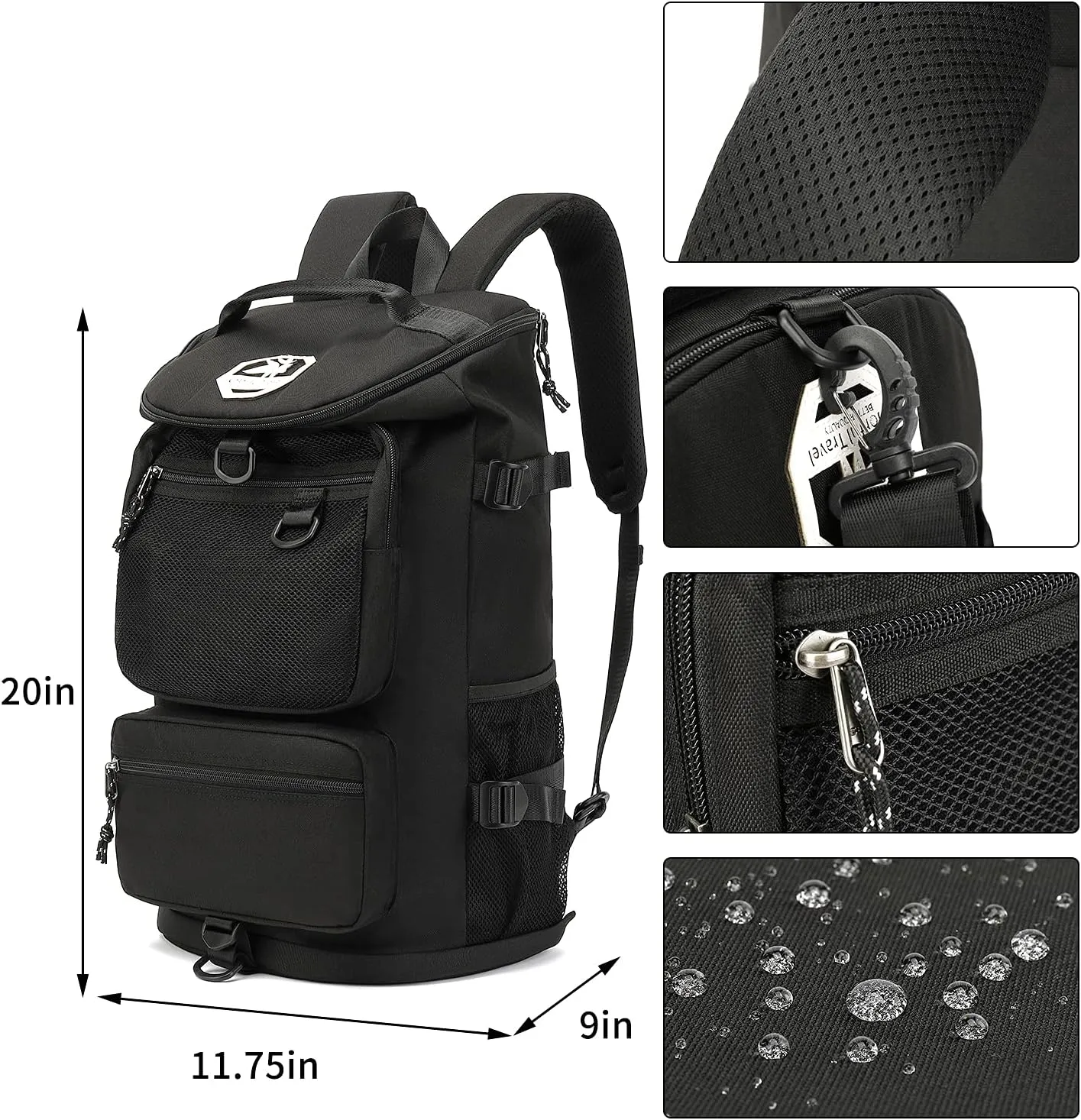 Gym Duffle Bag Backpack 4-Way Waterproof with Shoes Compartment for travel Sport Hiking laptop (Black)