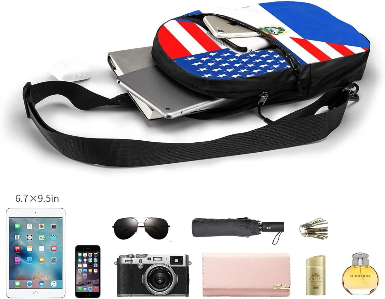Half American El Salvador Flag Crossbody Bag Portable Sling Bags Foldable Chest Daypack Reusable Sports Shoulder Backpack Diagonally Casual Rucksack Travel Bag