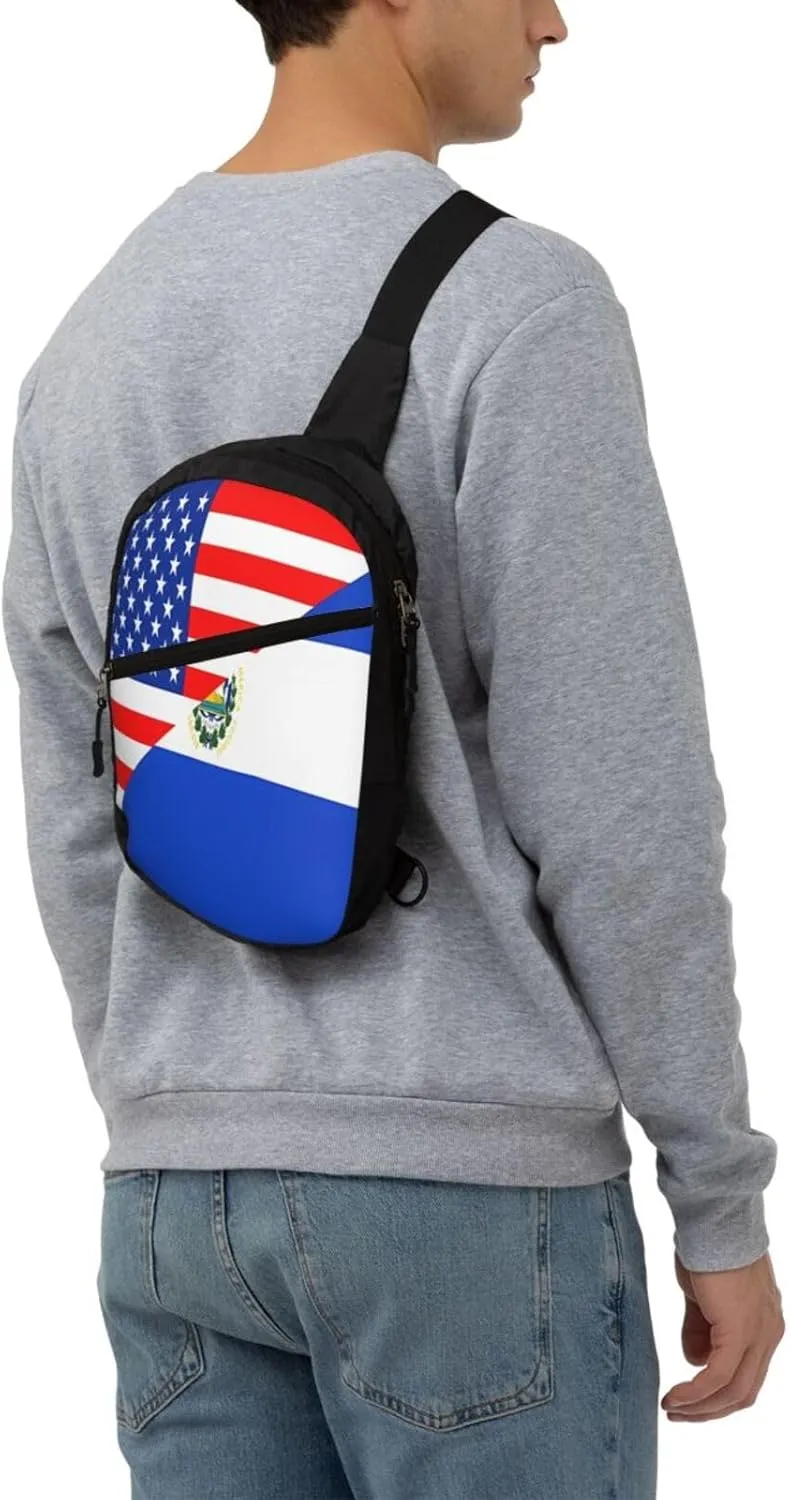 Half American El Salvador Flag Crossbody Bag Portable Sling Bags Foldable Chest Daypack Reusable Sports Shoulder Backpack Diagonally Casual Rucksack Travel Bag