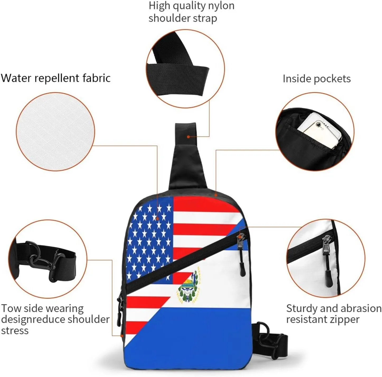 Half American El Salvador Flag Crossbody Bag Portable Sling Bags Foldable Chest Daypack Reusable Sports Shoulder Backpack Diagonally Casual Rucksack Travel Bag