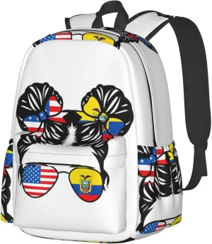 Half American Half Ecuadorian Woman Ecuador Flag Laptop Commuter Backpack Shoulder Bag Casual Back Pack Daypack Bags With Side Pockets For Work Travel Daily Use