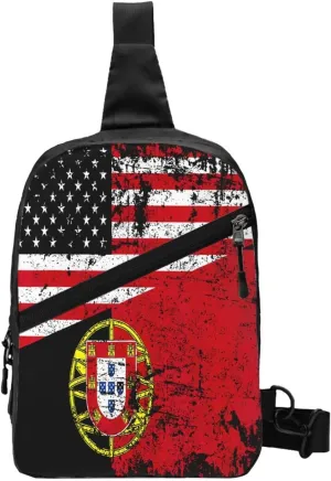 Half American Half Portugal Flag Crossbody Bag Portable Sling Bags Foldable Chest Daypack Reusable Sports Shoulder Backpack Diagonally Casual Rucksack Travel Bag