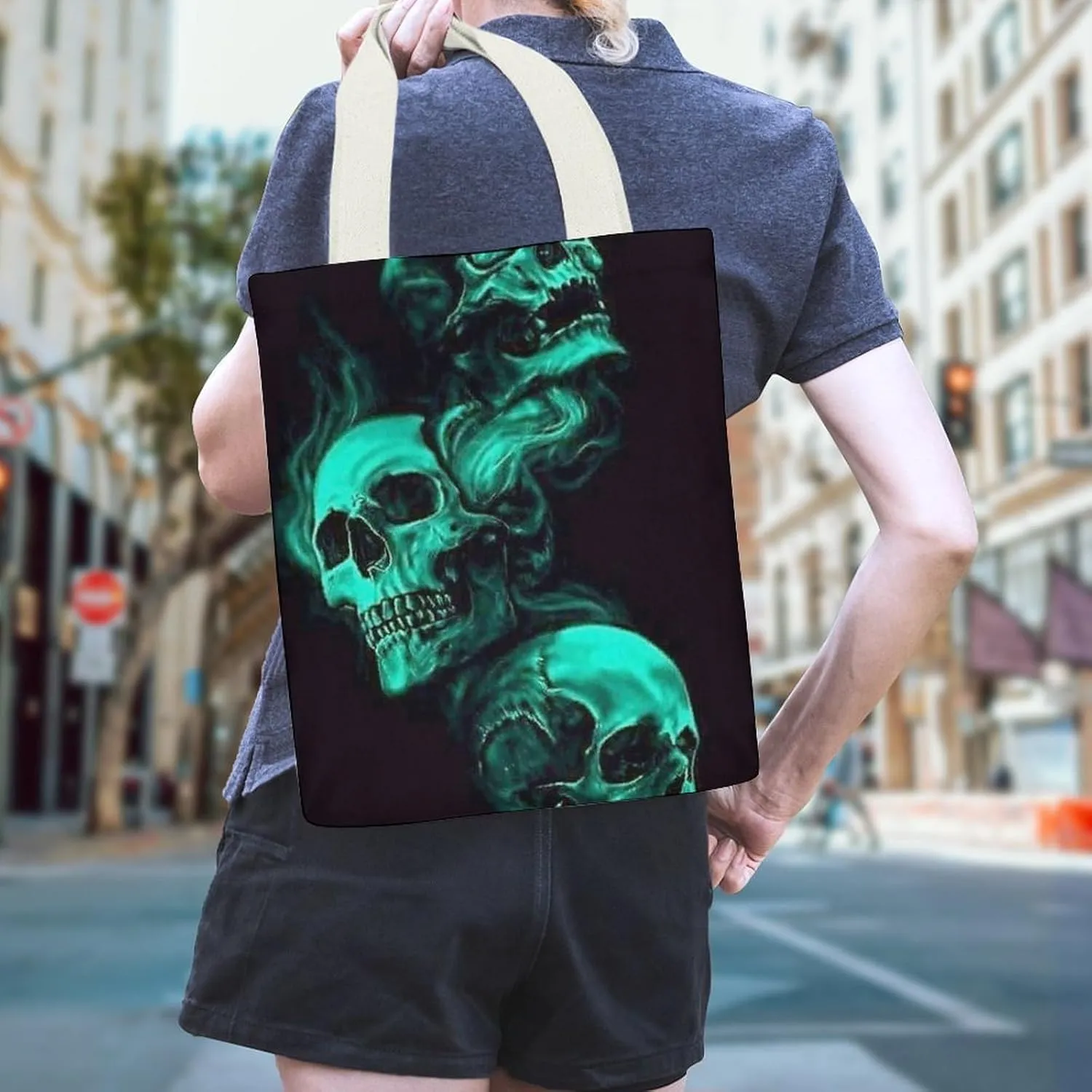Halloween Decorations Black Cat Bat Pumpkin Skull Party Pattern Large Capacity Stylish Canvas Tote Bag