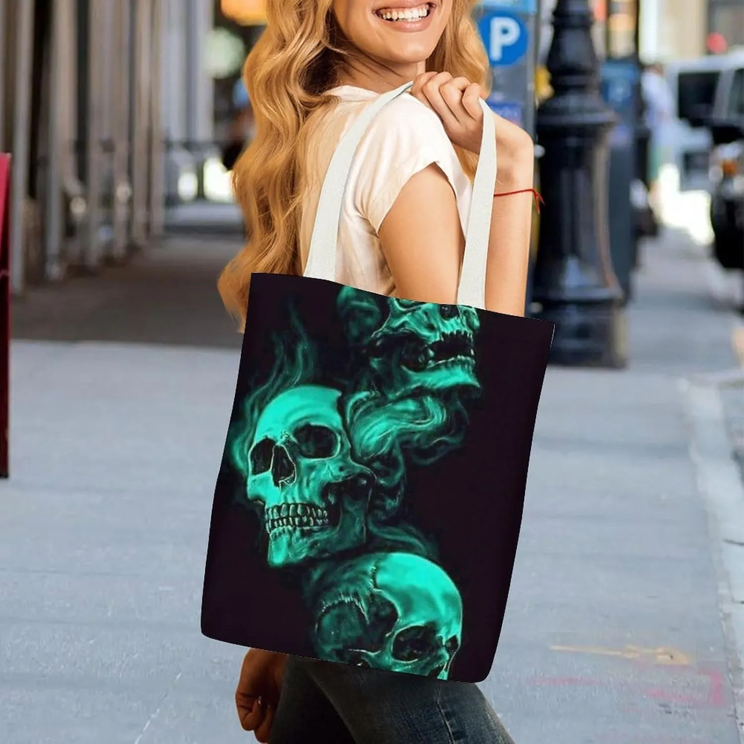 Halloween Decorations Black Cat Bat Pumpkin Skull Party Pattern Large Capacity Stylish Canvas Tote Bag