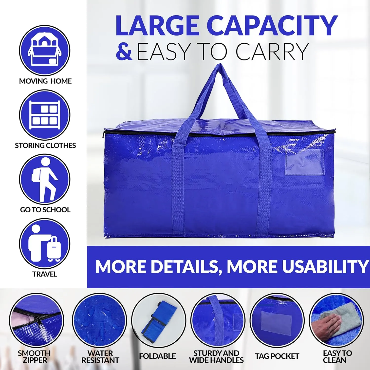 Hamna Collection Heavy Duty 4 Extra Large Blue Moving Bags With Handles, Zippers & Laundry Bag, Waterproof Storage Totes, Alternative to Box and Bin