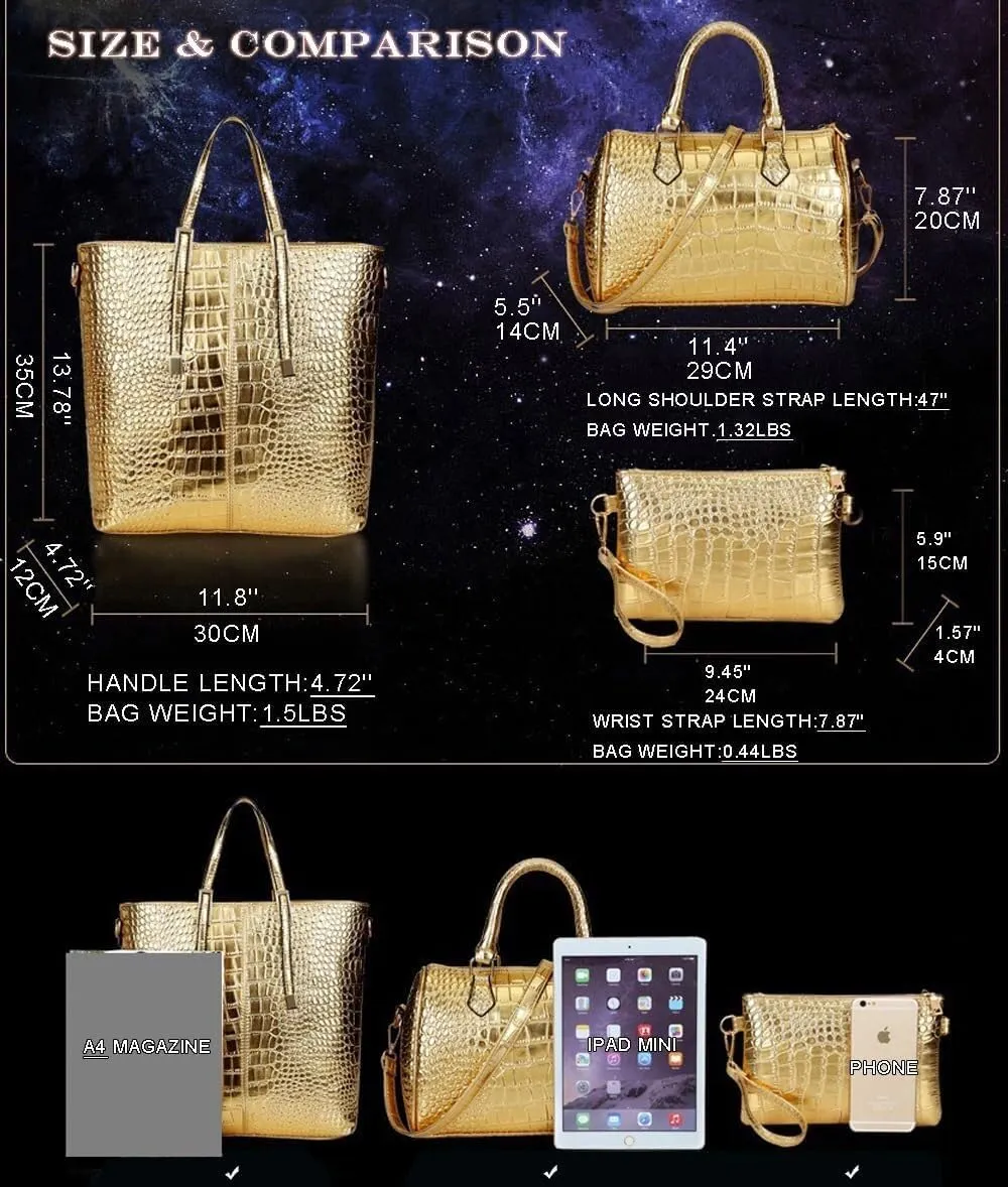 Handbag for Women Leather Shoulder Crocodile Print Top-handle Work Crossbody Purse Shopper Satchel 3Pcs Set