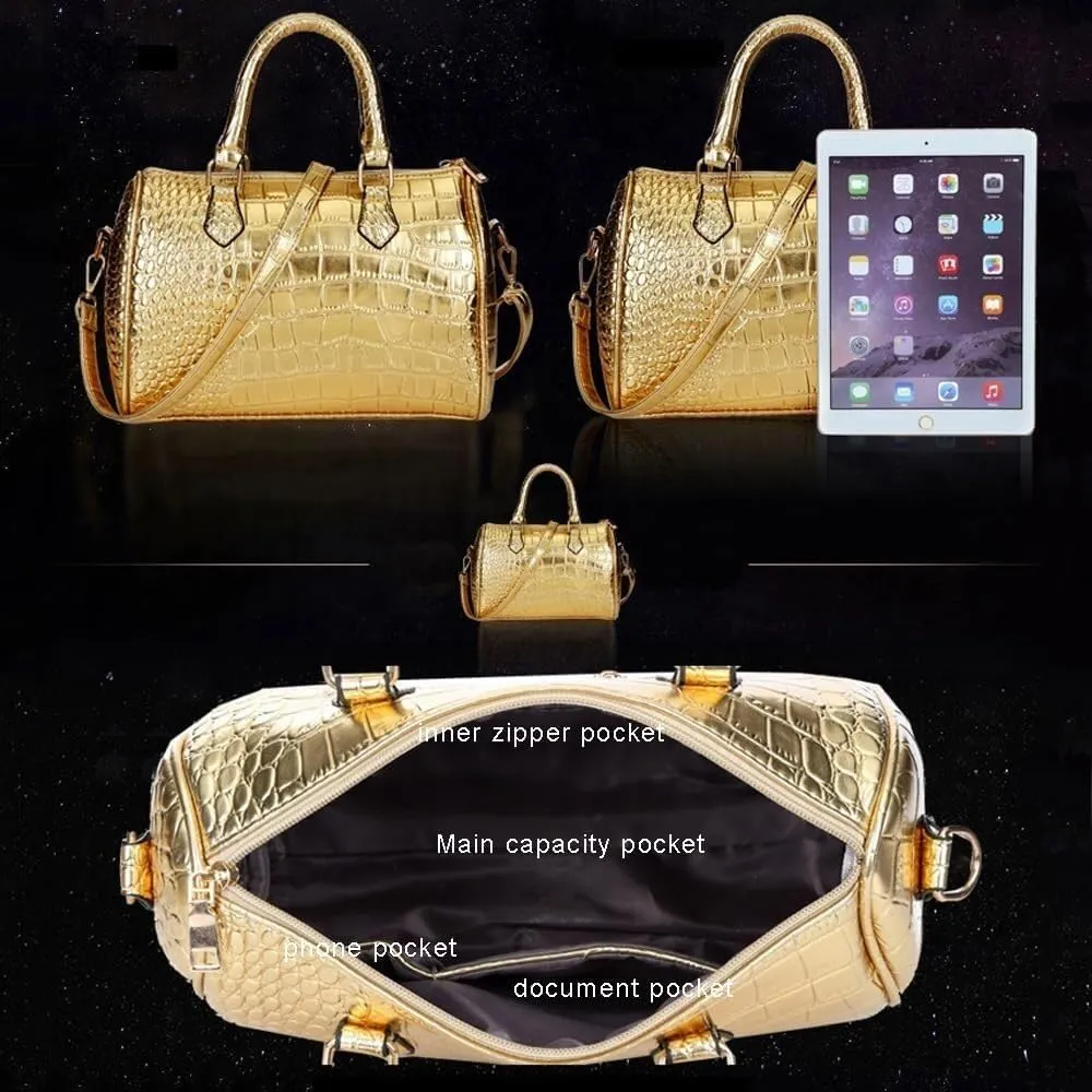 Handbag for Women Leather Shoulder Crocodile Print Top-handle Work Crossbody Purse Shopper Satchel 3Pcs Set