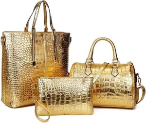 Handbag for Women Leather Shoulder Crocodile Print Top-handle Work Crossbody Purse Shopper Satchel 3Pcs Set