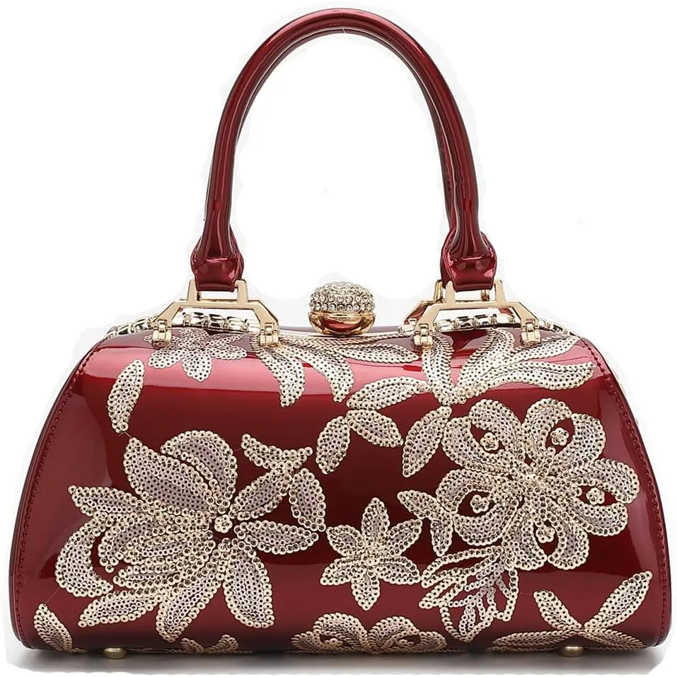 Handbags for Women Shiny Patent Leather&Embroidery Evening Bag Top Handle Handbag Purse Satchel Ladies Shoulder Bag