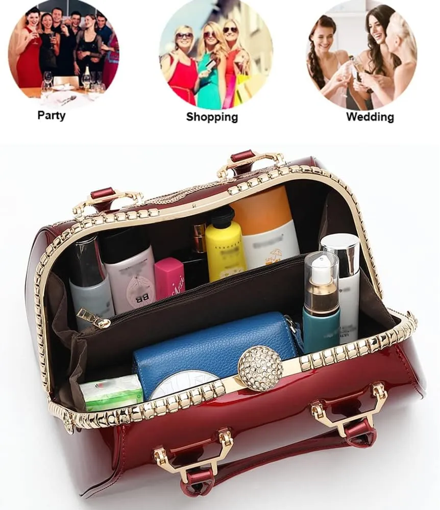 Handbags for Women Shiny Patent Leather&Embroidery Evening Bag Top Handle Handbag Purse Satchel Ladies Shoulder Bag