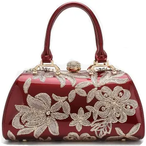 Handbags for Women Shiny Patent Leather&Embroidery Evening Bag Top Handle Handbag Purse Satchel Ladies Shoulder Bag