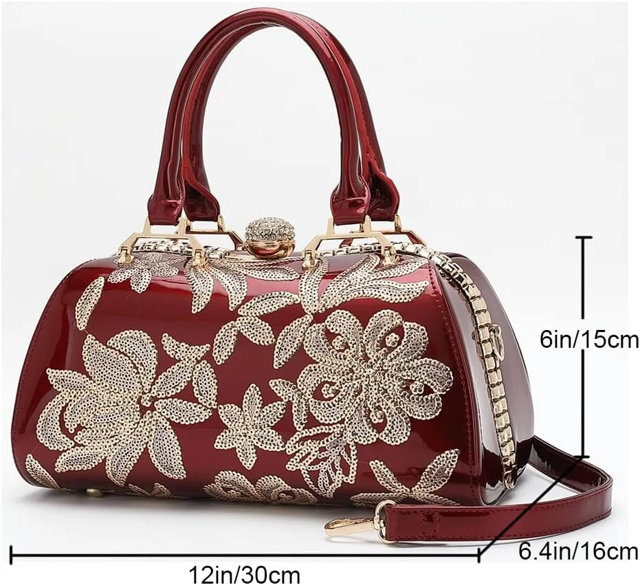 Handbags for Women Shiny Patent Leather&Embroidery Evening Bag Top Handle Handbag Purse Satchel Ladies Shoulder Bag