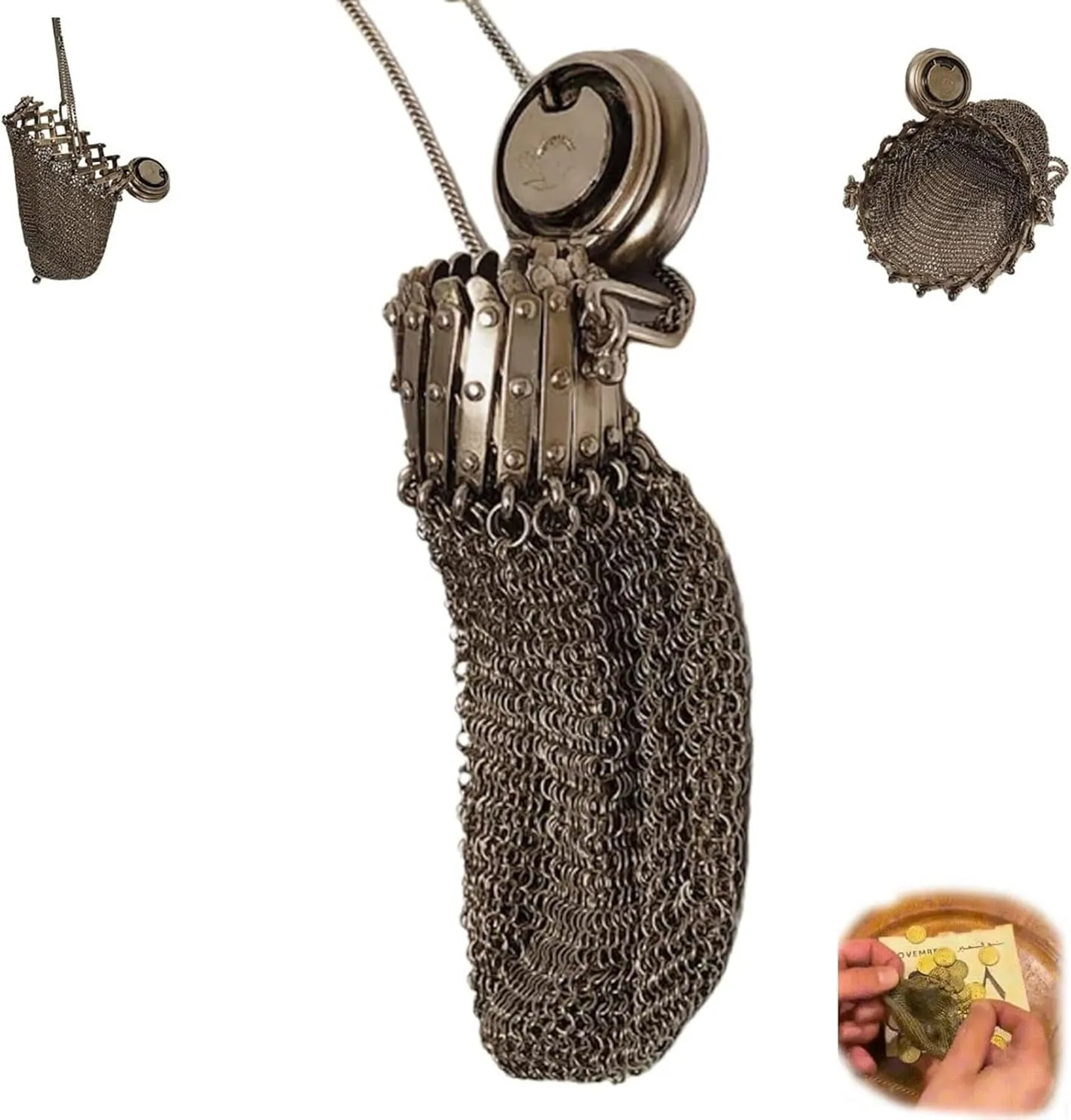 Handmade 1920's English Coin Purse, Victorian Sterling Silver Twist Lid Gate Top Mesh Chatelaine Coin Purse, Mini Vintage Double Mesh Coin Holder, Rare Collectible Antique Accessory (Purse)