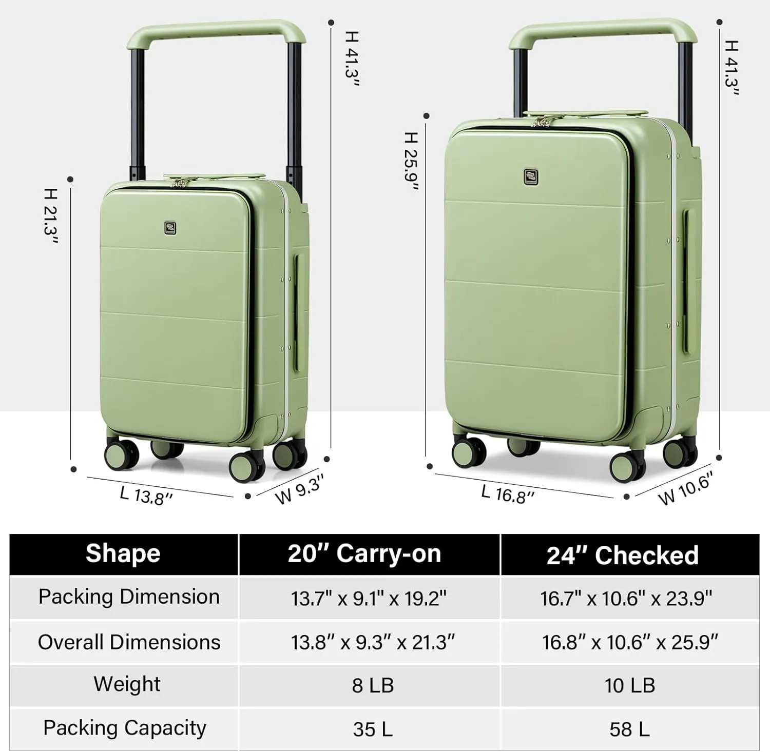 Hanke Top Open 20 Inch Carry On Luggage Hard Shell Suitcases with Spinner Wheels Suitcase for Men Women TSA Travel Suit Case Lightweight Wide Handle Rolling Luggage(Bamboo Green)