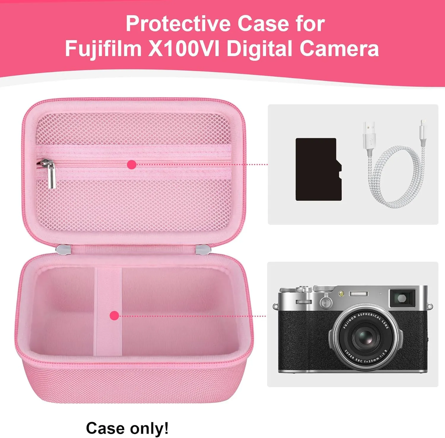 Hard Case for Fujifilm X100VI/ X100V/ X100F/ X100S Digital Camera, Fujifilm X100VI Camera Travel Storage Bag Cover Holder, Extra Zipper Mesh Pocket Fits Cable and Batteries, Pink