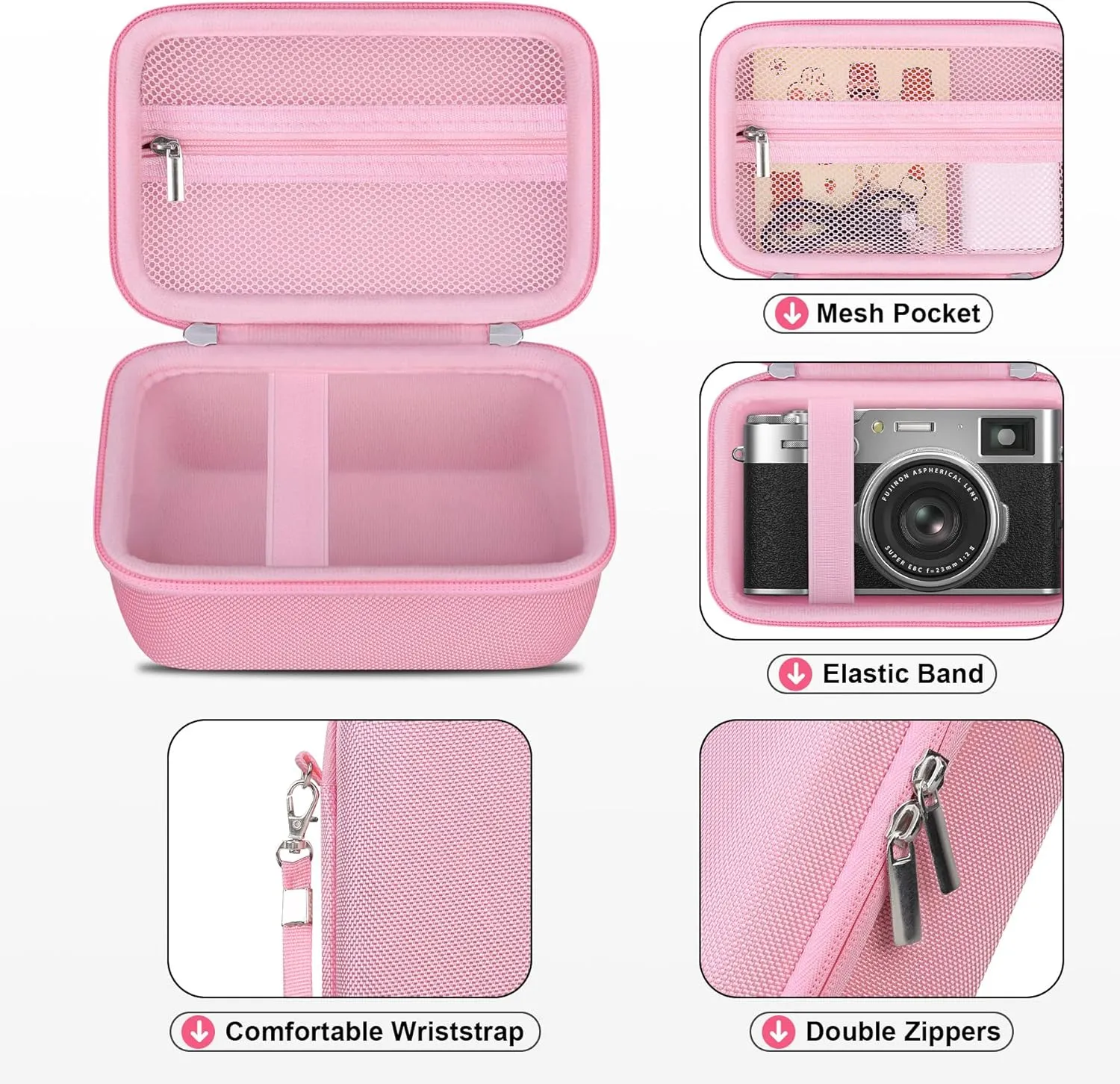 Hard Case for Fujifilm X100VI/ X100V/ X100F/ X100S Digital Camera, Fujifilm X100VI Camera Travel Storage Bag Cover Holder, Extra Zipper Mesh Pocket Fits Cable and Batteries, Pink