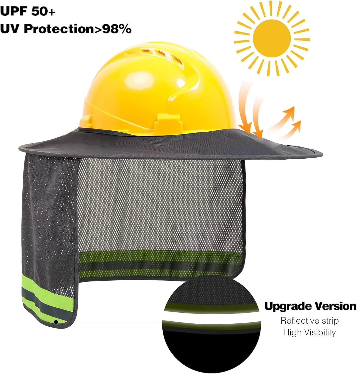 Hard Hat Sun Shade, High Visibility Sun Visor Neck Shade with Reflective Strip, Full Brim, Man & Woman (Hard Hat Not Included), Grey, 4 Pack