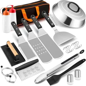 HaSteeL Griddle Accessories Kit of 16, Professional Stainless Steel Griddle Spatula Tools in Storage Bag, Heavy Duty Metal Spatulas/Chopper/Burger Press/Melting Dome for Teppanyaki Flat Top BBQ Grill