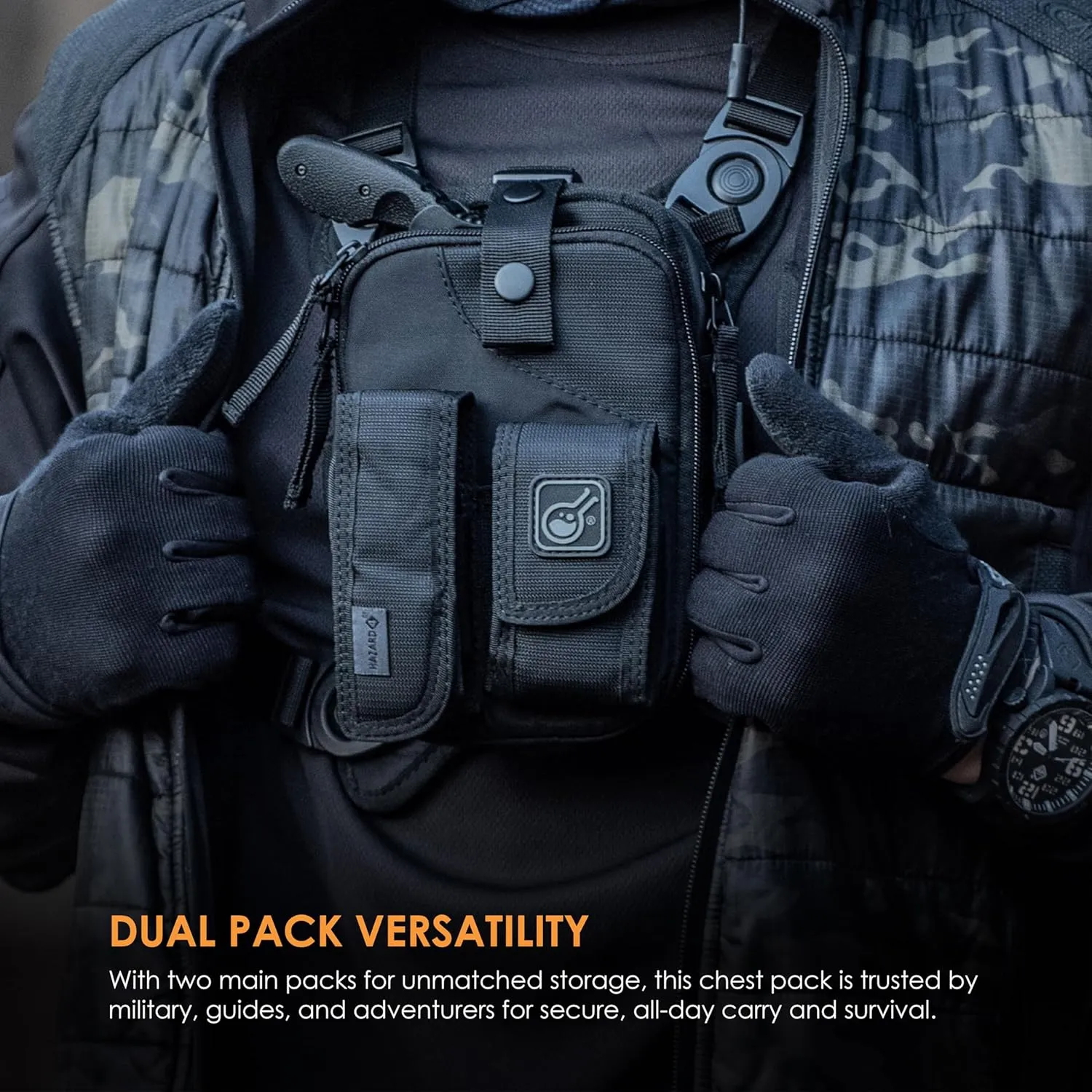 Hazard 4 Covert RG Multi-Configuration Small Pack System - Escape Chest Pack, Loader Chest Pack, Covert Anatomic RG Padded Deluxe Shoulder Harness - Tool Kit, Camera, Cycling, Flashlight - Black