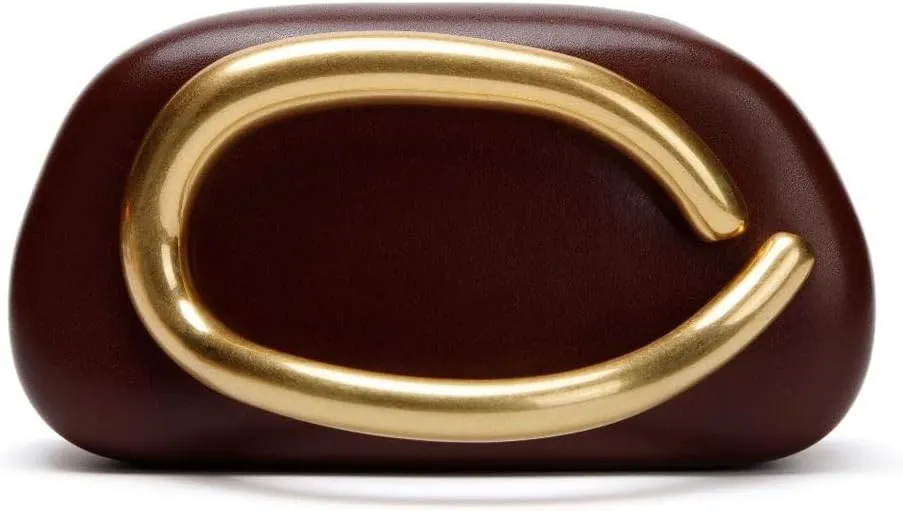 Hazel & Olive Chocolate Handle Clutch Leather Metal Handle Handbag Compact Stone Purse Hand-held Casual Shoulder Clutch Bag